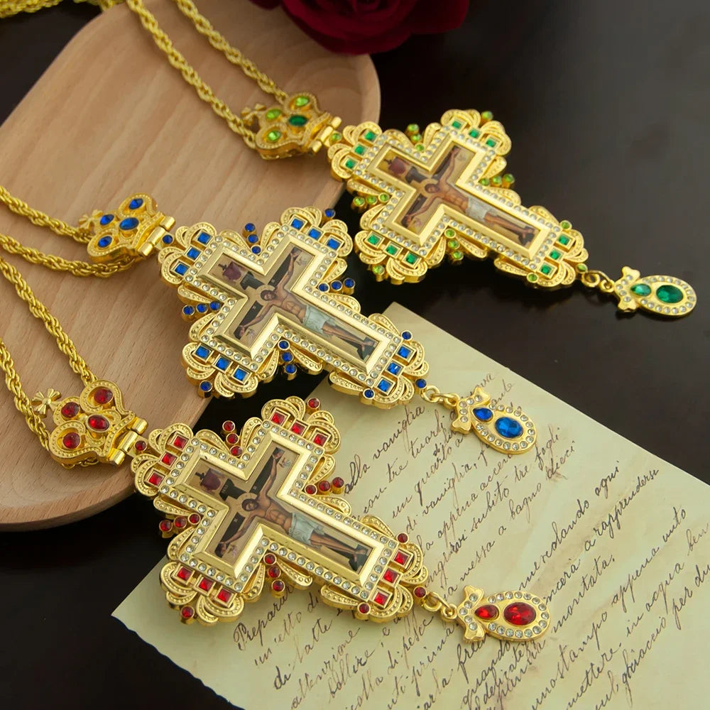 Greek Orthodox Bishop’s Pectoral Cross Necklace for Priest Ordination – Gold Plated Religious Cross with Gemstones