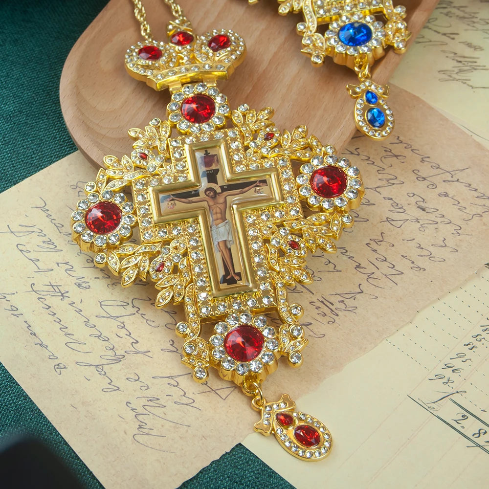 Greek Orthodox Bishop’s Pectoral Cross Necklace with Gemstones – Priest Ordination Religious Cross Pendant for Clergy, Church Ceremonies & Christian Gifts