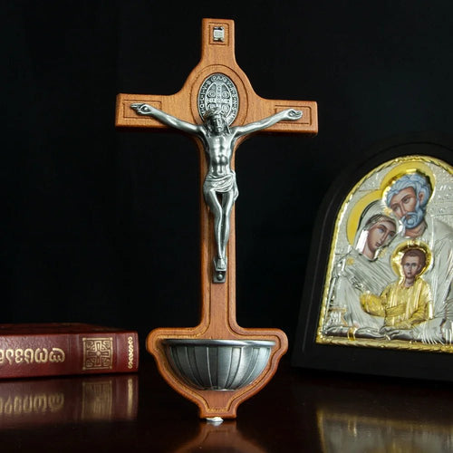 Catholic Saint Benedict Crucifix with Holy Water Font – Wooden Wall Cross - Sylva