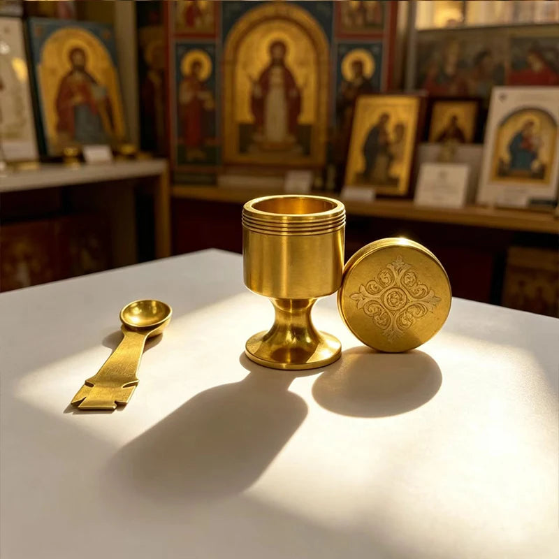 Orthodox Travel Communion Chalice with Spoon & Holy Oil Jar – Portable Mini Metal Christian Eucharist Set (Gold or Silver)