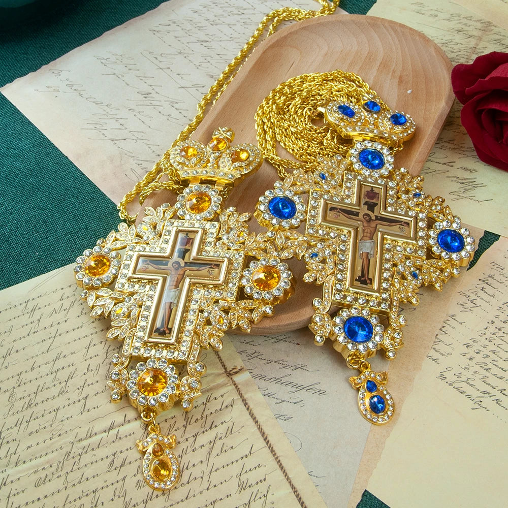 Greek Orthodox Bishop’s Pectoral Cross Necklace with Gemstones – Priest Ordination Religious Cross Pendant for Clergy, Church Ceremonies & Christian Gifts