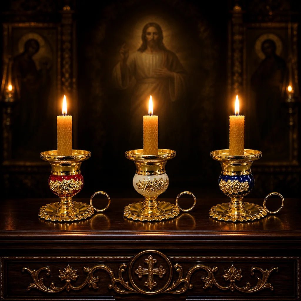 Byzantine Orthodox Candle Holder – Gold Plated Enamel Prayer Candlestick - Sylva