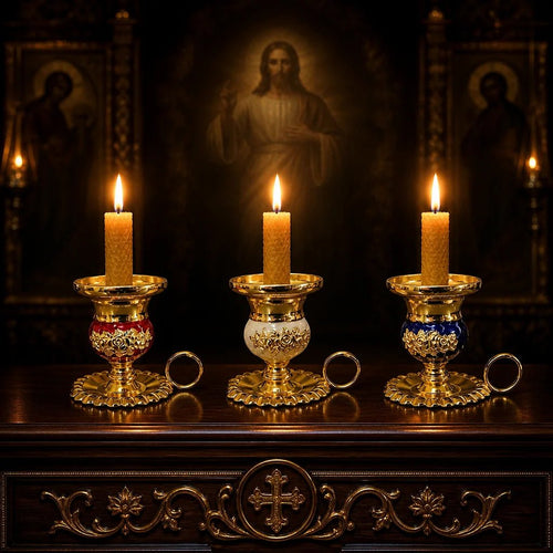 Byzantine Orthodox Candle Holder – Gold Plated Enamel Prayer Candlestick - Sylva