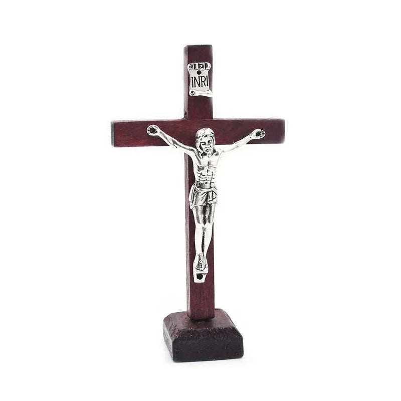Wooden Catholic Standing Crucifix with Base – Jesus Cross Tabletop Decor