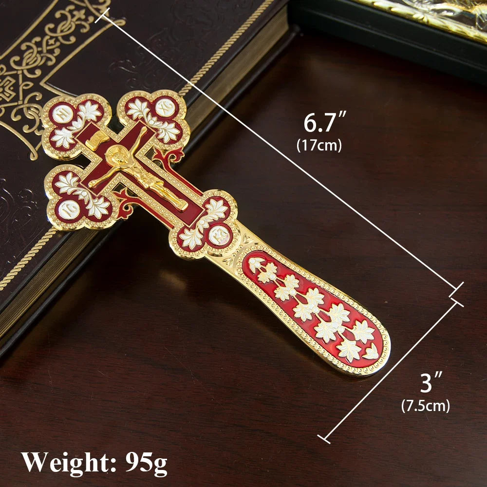 Orthodox Enamel Blessing Cross – Gold-Plated Handheld Prayer Cross for Church, Worship & Christian Gifts