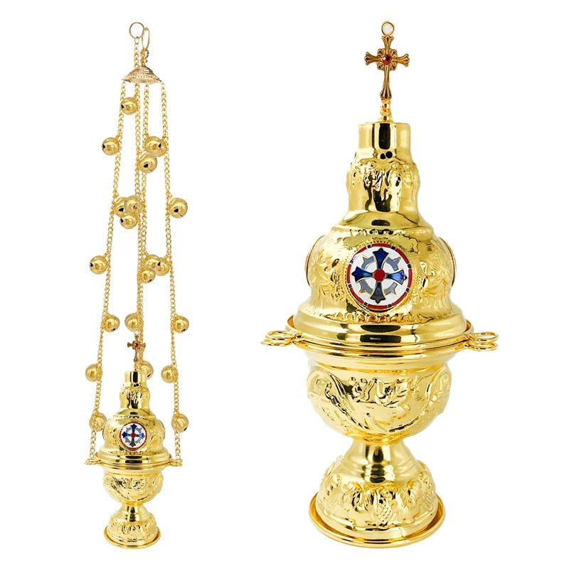 Gold-Plated Orthodox Censer with Bells – 68cm Liturgical Thurible - Sylva