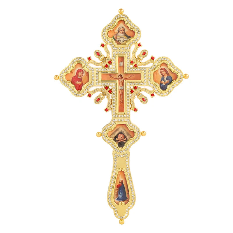 Russian Orthodox Hand Blessing Cross – Byzantine Altar Cross with Icons | Gold & Silver Christian Church Cross | Large 12.2” Religious Gift