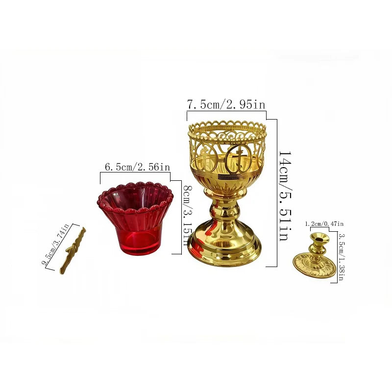 Vintage Gold-Plated Orthodox Candle Holder Set with Red Glass & Cross Design