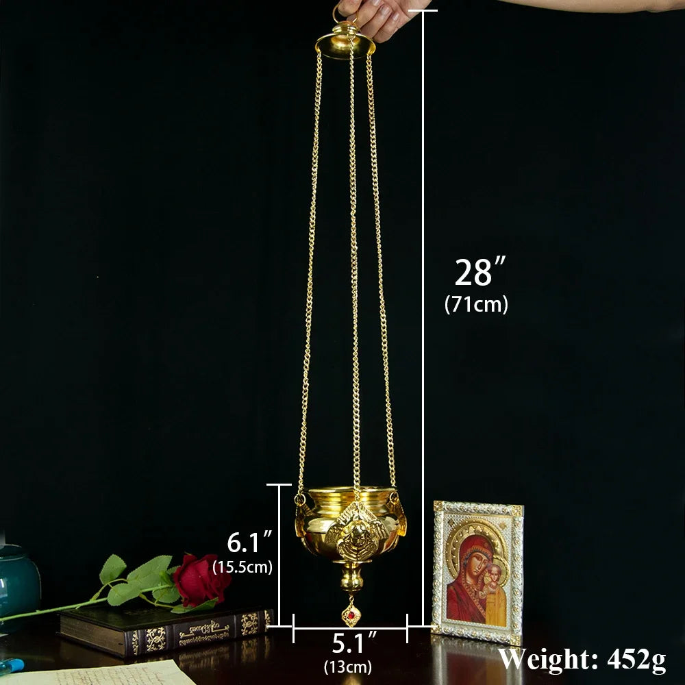 Gold Orthodox Church Hanging Incense Burner with Glass Cup Set