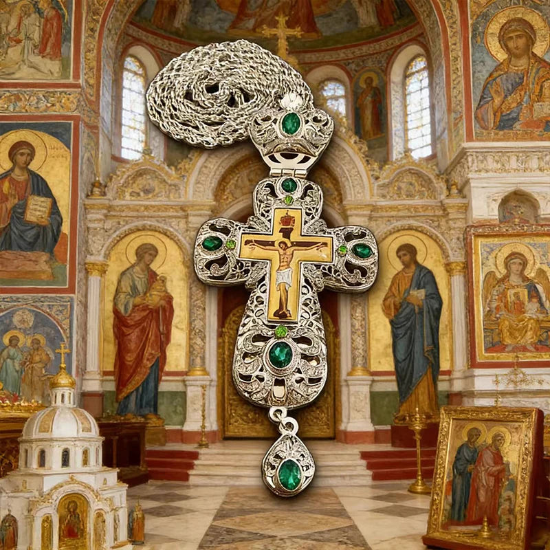 Premium Orthodox Cross Necklace – Two-Tone Crucifix with Green Crystal Details