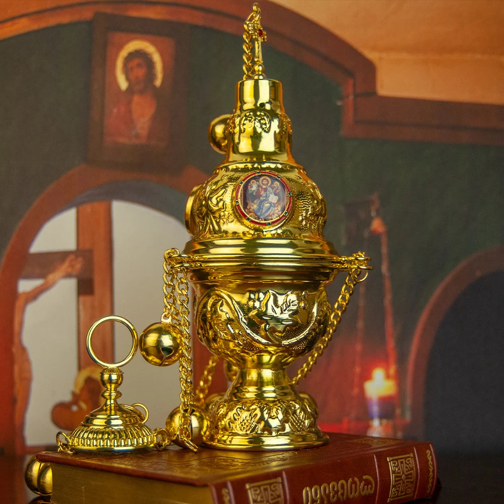 Orthodox Church Censer with 12 Bells – Gold Liturgical Incense Burner