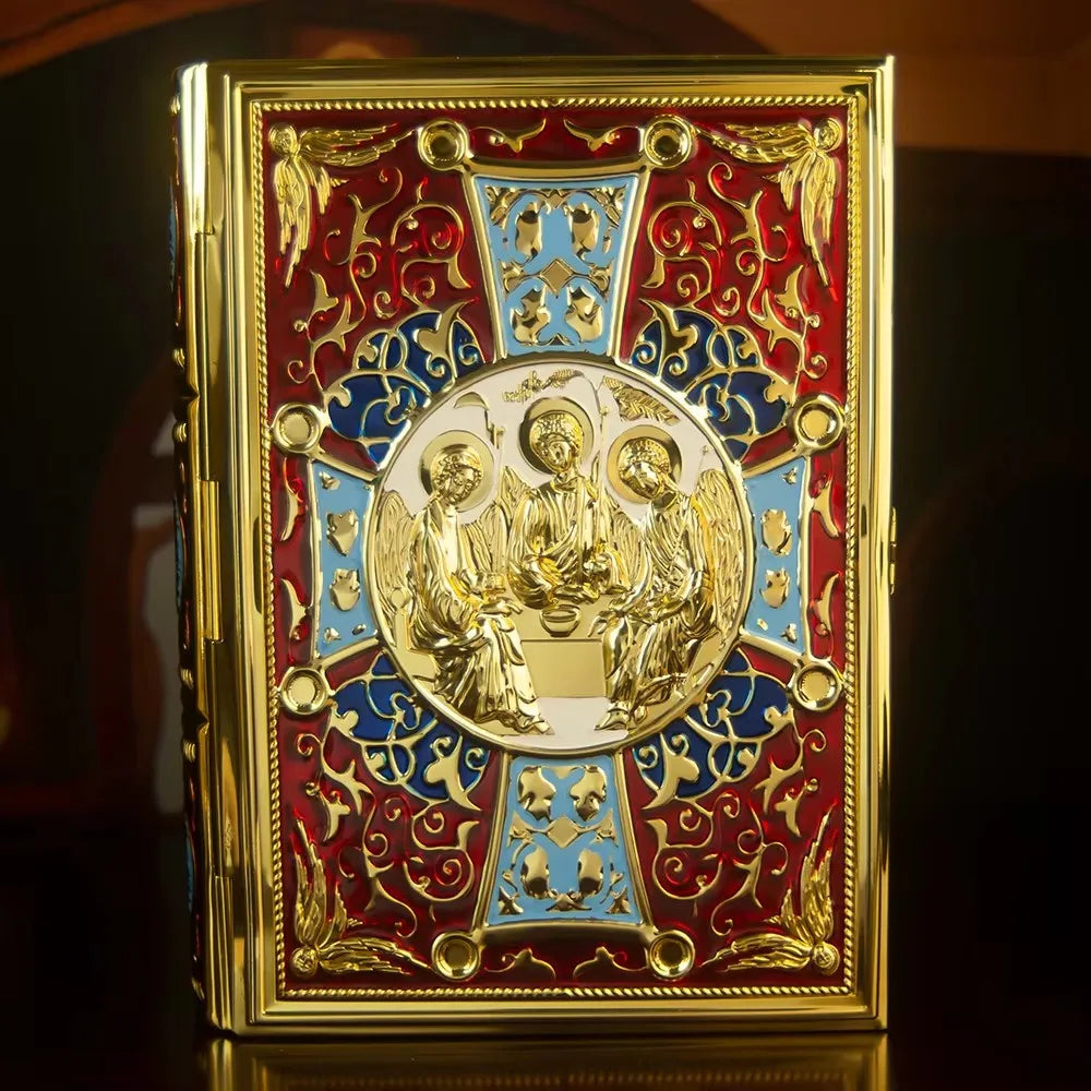 Traditional Orthodox Bible Cover – Premium Zinc Alloy Protective Case for Holy Bible (Blue, Gold & Red) 9.6 Inch