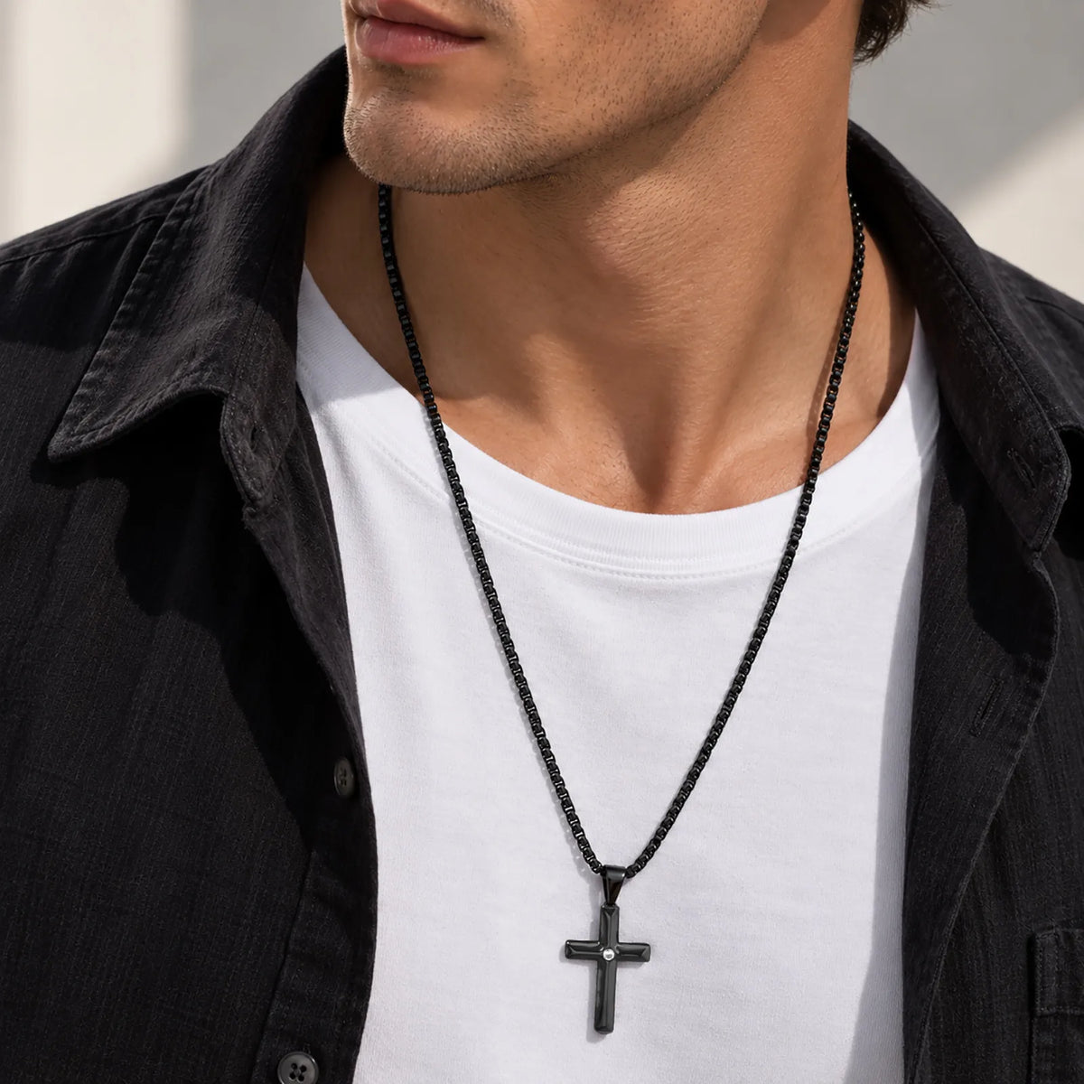 Men’s Black Stainless Steel Cross Necklace with Zircon - Sylva