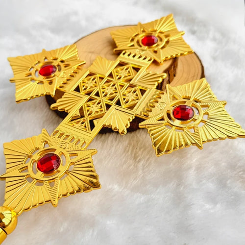 Byzantine Orthodox Priest Blessing Hand Cross – Gold with Red or Blue Gems