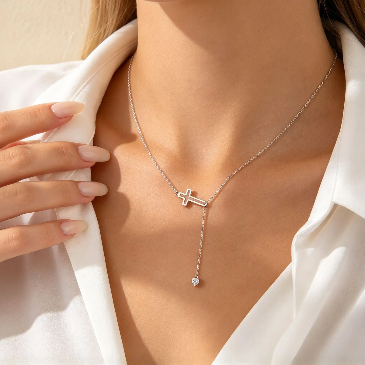Women’s Cross Lariat Necklace with Heart Drop | SYLVA