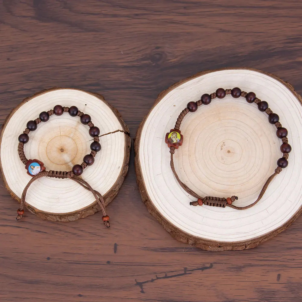 Handmade Wooden Rosary Bracelet with Jesus & Mary Charms – Adjustable Catholic Prayer Bracelet for Faith & Spiritual Gifts