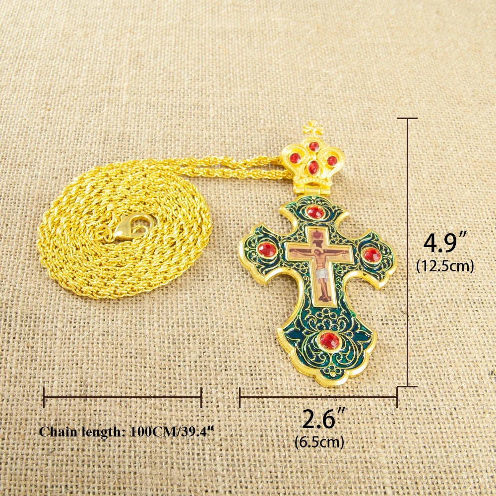 Luxury Orthodox Cross Necklace with Red Crystal & Gold-Plated Enamel Crucifix – Priest Pectoral Cross for Catholic & Orthodox Church