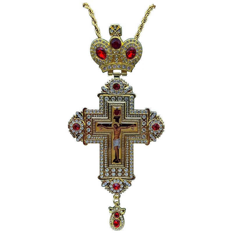 Luxury Orthodox Cross Necklace – Gold Jesus Crucifix with Crystal Details