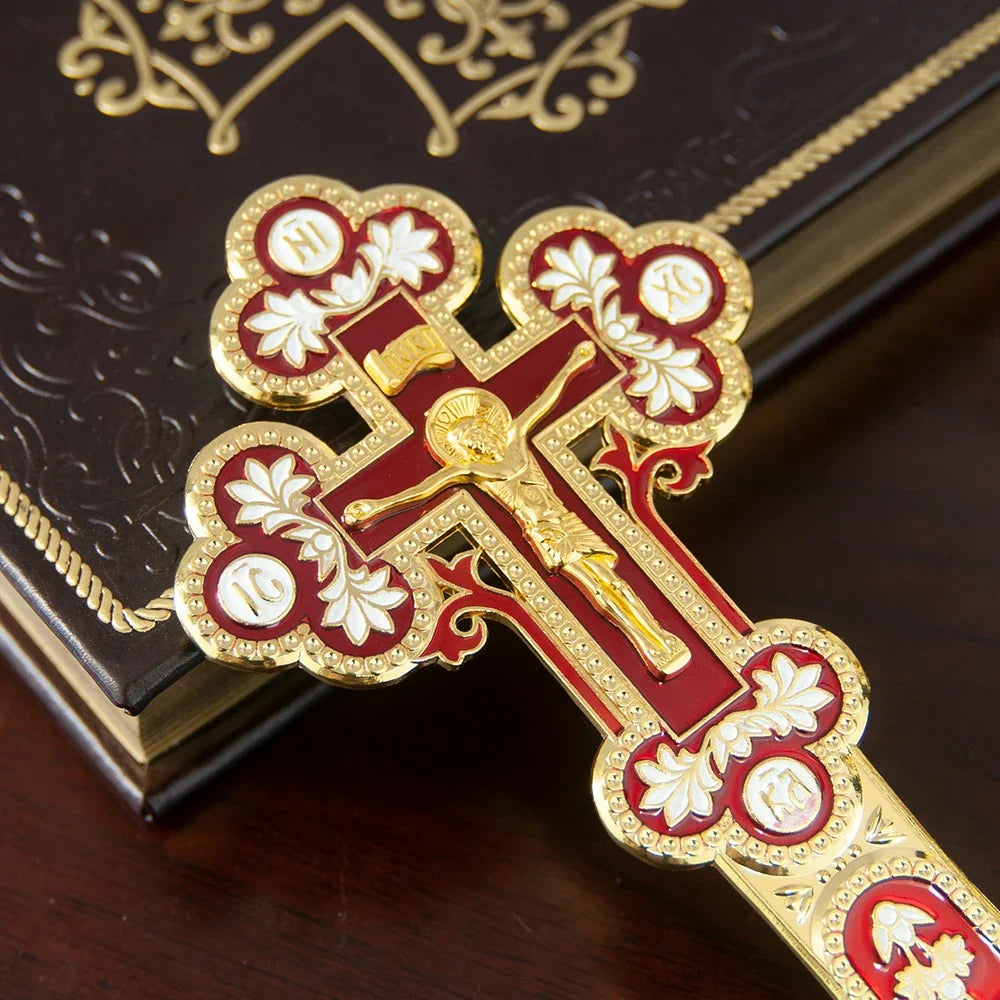 Orthodox Enamel Blessing Cross – Gold-Plated Handheld Prayer Cross for Church, Worship & Christian Gifts
