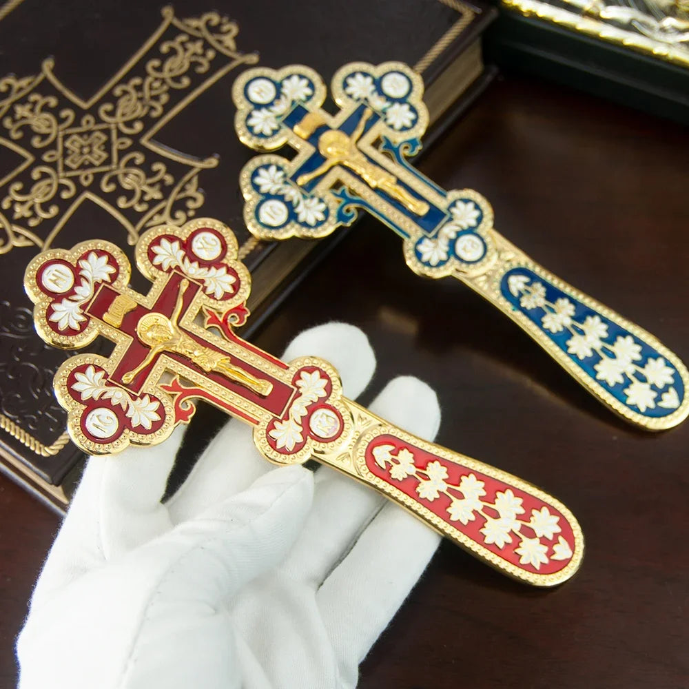 Orthodox Enamel Blessing Cross – Gold-Plated Handheld Prayer Cross for Church, Worship & Christian Gifts