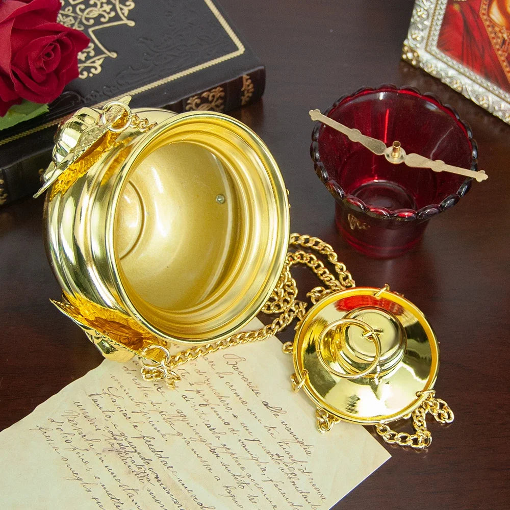 Gold Orthodox Church Hanging Incense Burner with Glass Cup Set