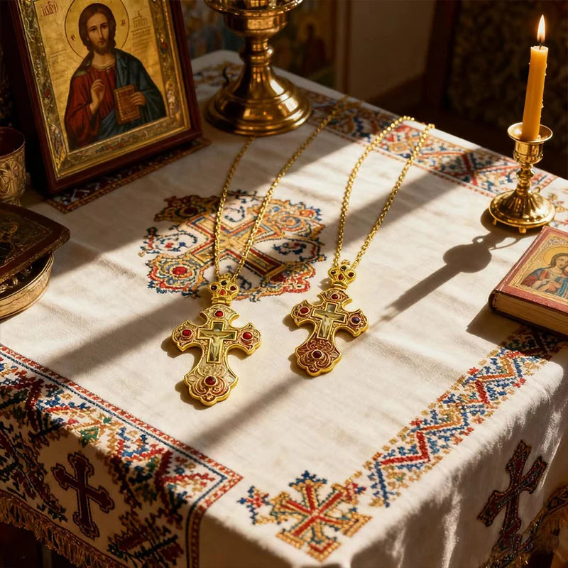 Luxury Orthodox Cross Necklace with Red Crystal & Gold-Plated Enamel Crucifix – Priest Pectoral Cross for Catholic & Orthodox Church