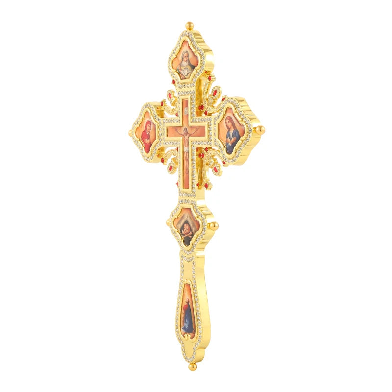 Russian Orthodox Hand Blessing Cross – Byzantine Altar Cross with Icons | Gold & Silver Christian Church Cross | Large 12.2” Religious Gift