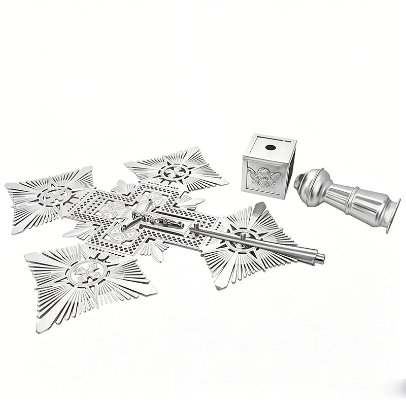 Silver-Plated Orthodox Sunburst Processional Cross – 32.5-Inch Liturgical Crucifix