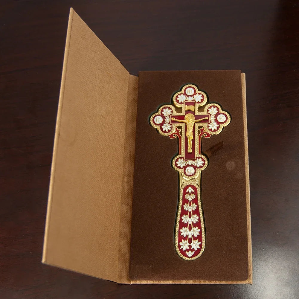 Orthodox Enamel Blessing Cross – Gold-Plated Handheld Prayer Cross for Church, Worship & Christian Gifts