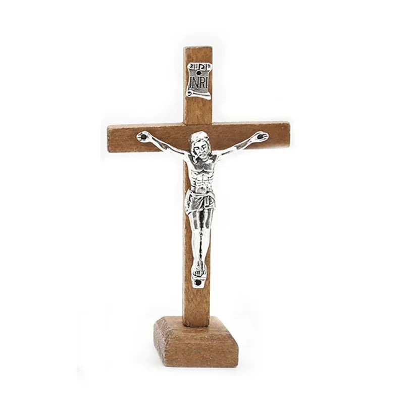 Wooden Catholic Standing Crucifix with Base – Jesus Cross Tabletop Decor