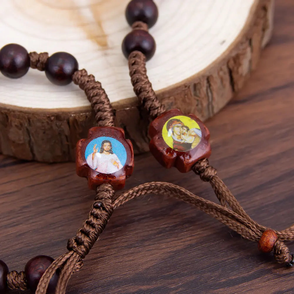 Handmade Wooden Rosary Bracelet with Jesus & Mary Charms – Adjustable Catholic Prayer Bracelet for Faith & Spiritual Gifts