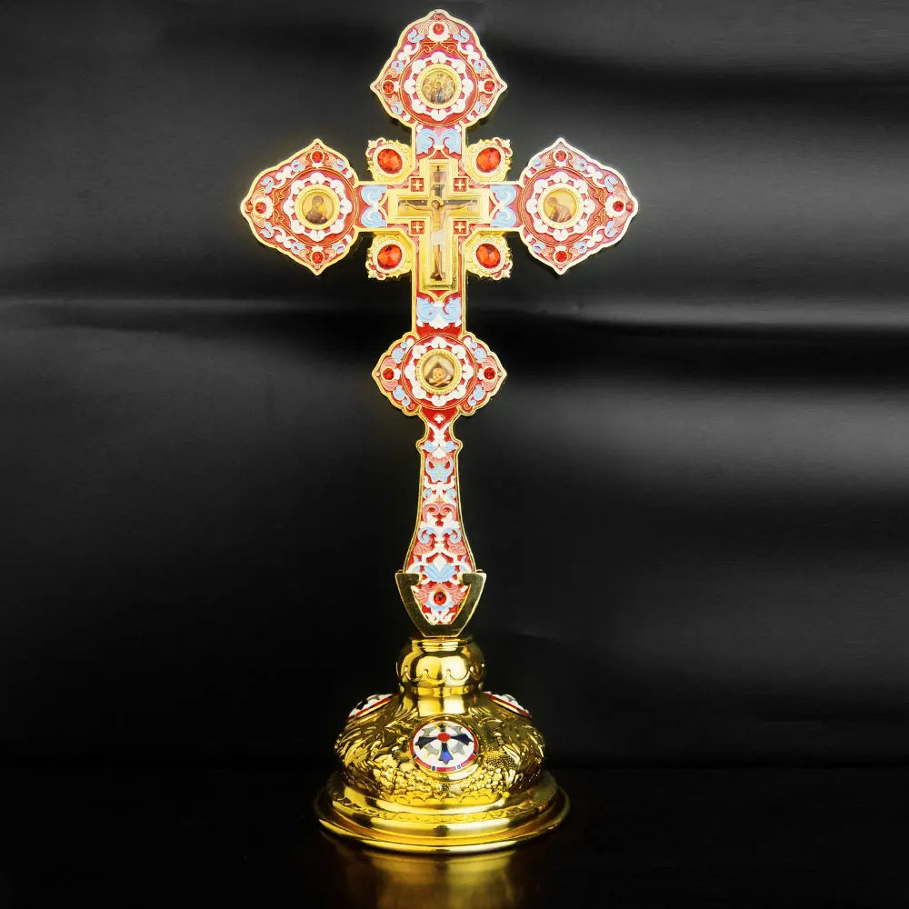 Gilded Orthodox Blessing Cross with Stand – 37cm Jesus Icon Altar Cross