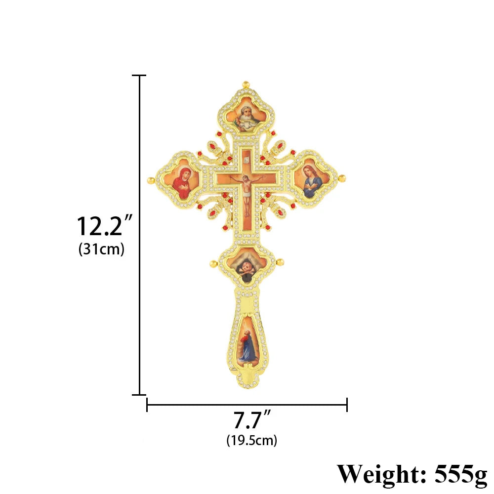 Russian Orthodox Hand Blessing Cross – Byzantine Altar Cross with Icons | Gold & Silver Christian Church Cross | Large 12.2” Religious Gift