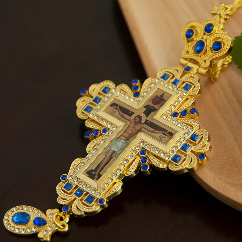 Greek Orthodox Bishop’s Pectoral Cross Necklace for Priest Ordination – Gold Plated Religious Cross with Gemstones