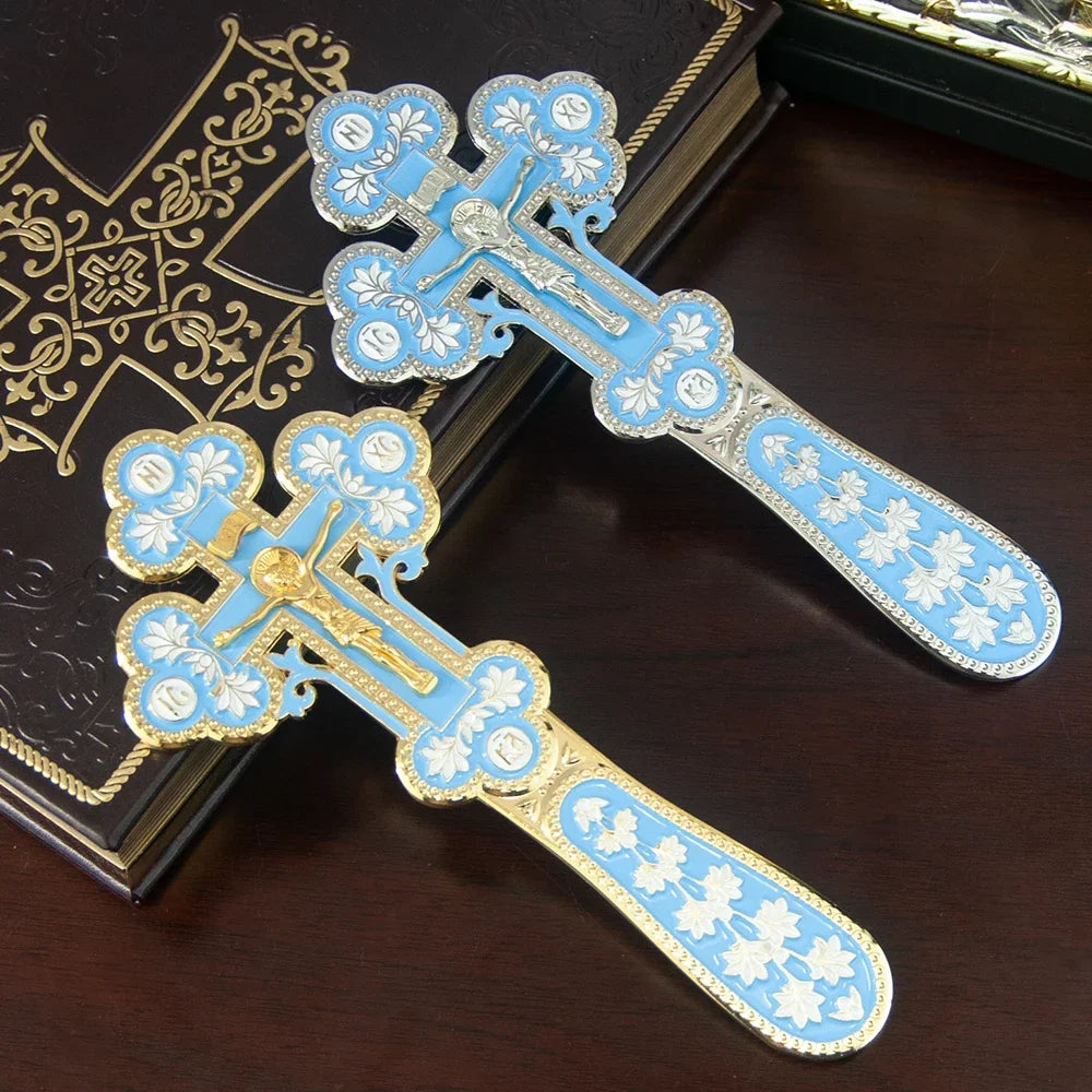 Orthodox Enamel Blessing Cross – Gold-Plated Handheld Prayer Cross for Church, Worship & Christian Gifts