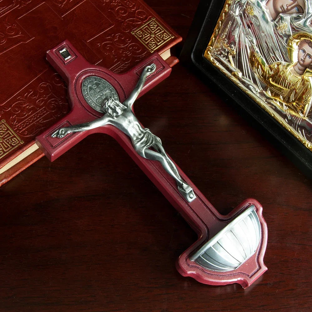 Catholic Saint Benedict Crucifix with Holy Water Font – Wooden Wall Cross