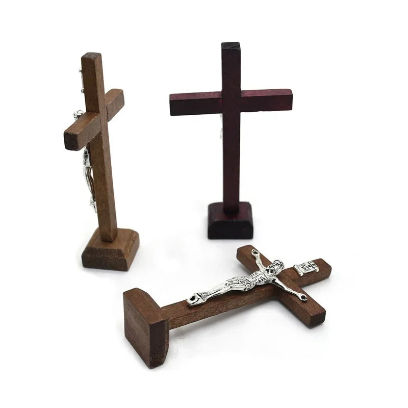 Wooden Catholic Standing Crucifix with Base – Jesus Cross Tabletop Decor
