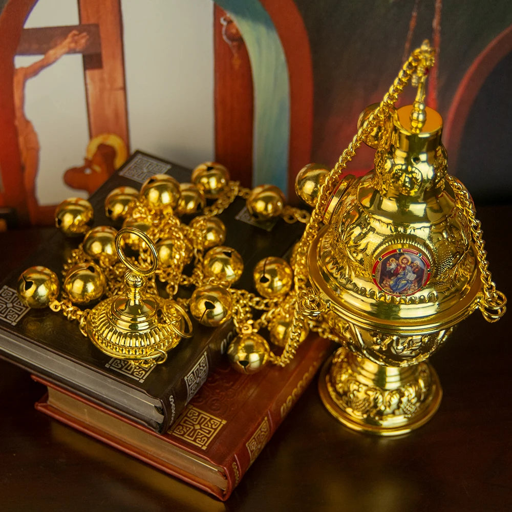 Orthodox Church Censer with 12 Bells – Gold Liturgical Incense Burner