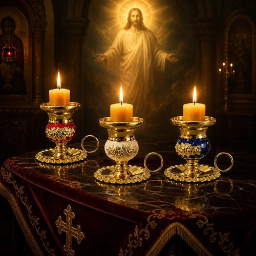 Byzantine Orthodox Candle Holder – Gold Plated Enamel Prayer Candlestick - Sylva