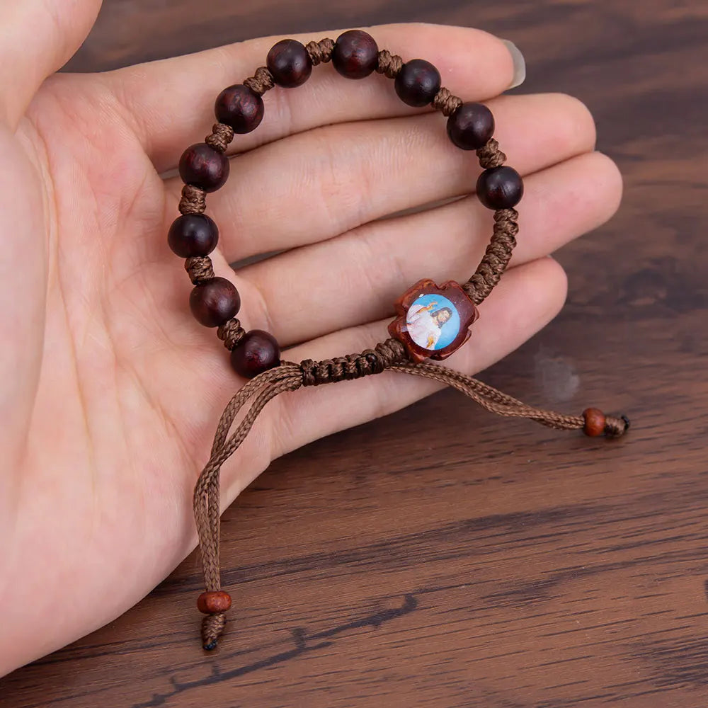 Handmade Wooden Rosary Bracelet with Jesus & Mary Charms – Adjustable Catholic Prayer Bracelet for Faith & Spiritual Gifts