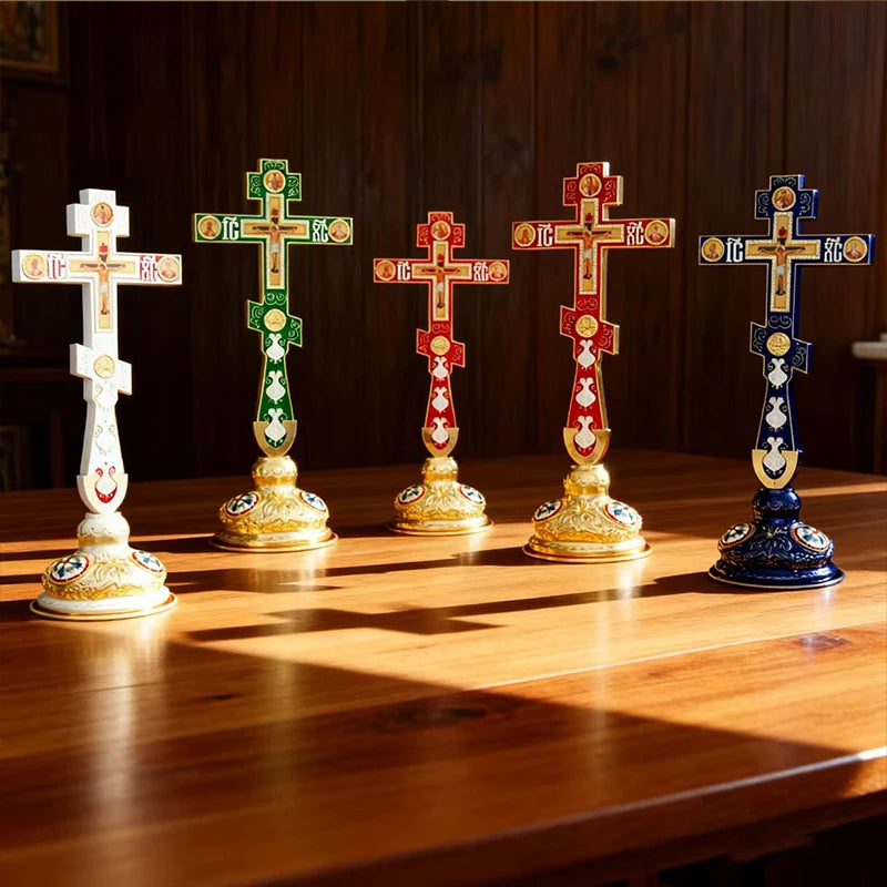 Orthodox Standing Crucifix Cross – Gold Plated Christian Altar Cross with Religious Icons | Orthodox Home Decor & Gift