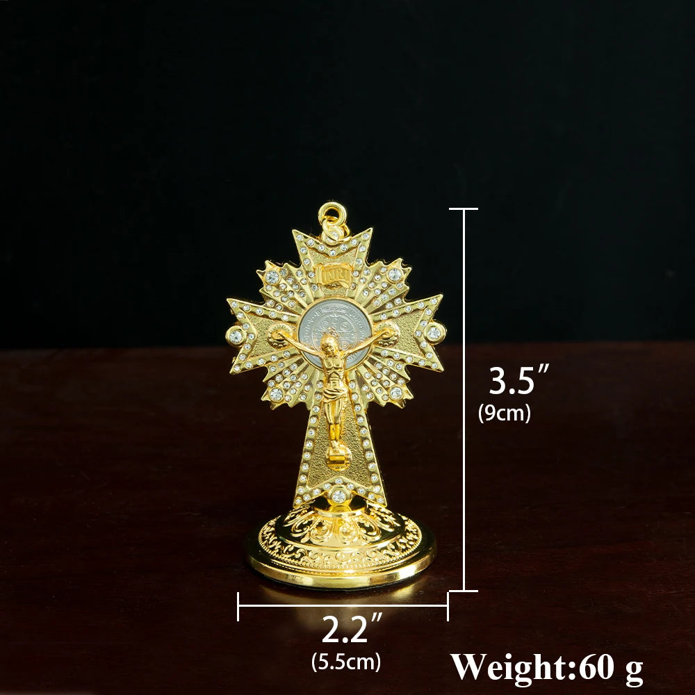 Gold Catholic Standing Crucifix Cross with Ornate Base – 9cm