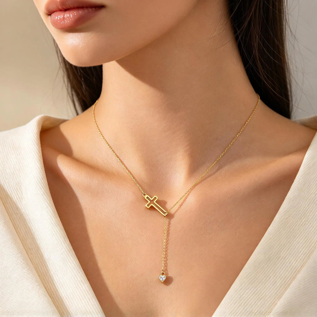 Women’s Cross Lariat Necklace with Heart Drop | SYLVA