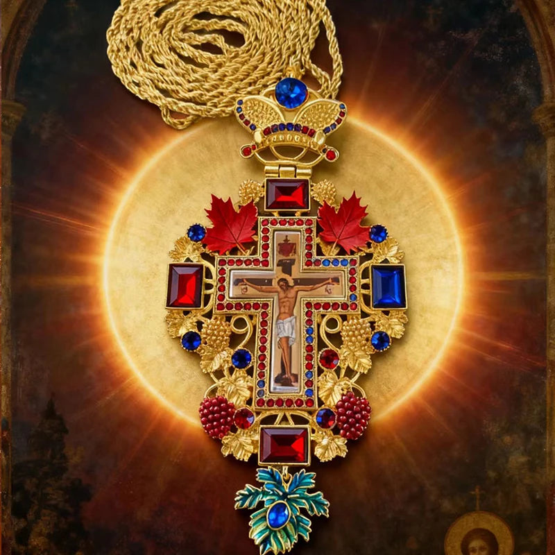 Greek Orthodox Byzantine Pectoral Cross Necklace with Jesus Icon | Priest Long Chain Christian Church Jewelry Gift (Blue & Red)