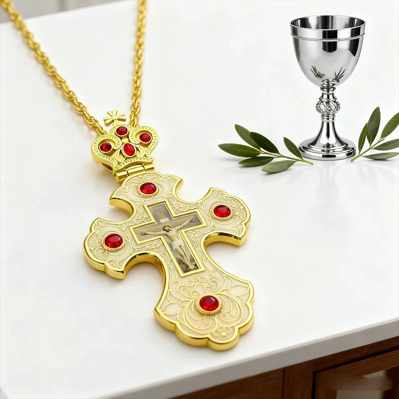 Luxury Orthodox Cross Necklace with Red Crystal & Gold-Plated Enamel Crucifix – Priest Pectoral Cross for Catholic & Orthodox Church