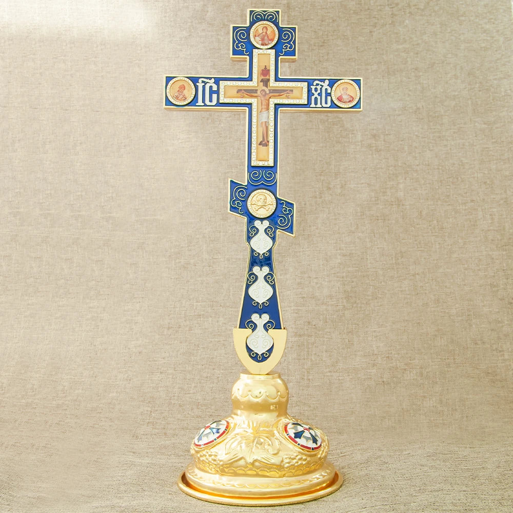 Orthodox Standing Crucifix Cross – Gold Plated Christian Altar Cross with Religious Icons | Orthodox Home Decor & Gift