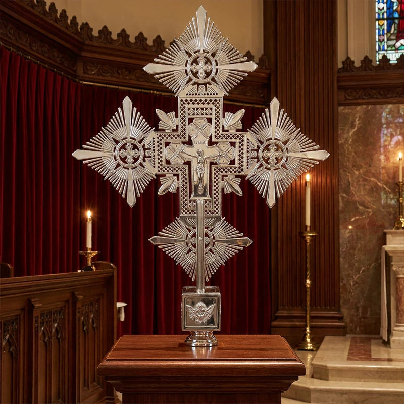 Silver-Plated Orthodox Sunburst Processional Cross – 32.5-Inch Liturgical Crucifix