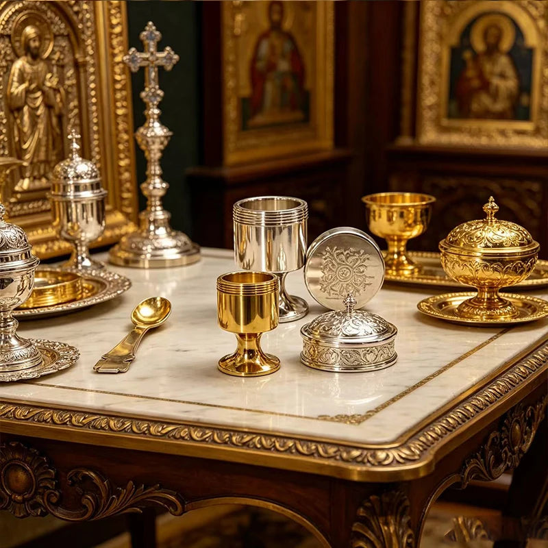 Orthodox Travel Communion Chalice with Spoon & Holy Oil Jar – Portable Mini Metal Christian Eucharist Set (Gold or Silver)