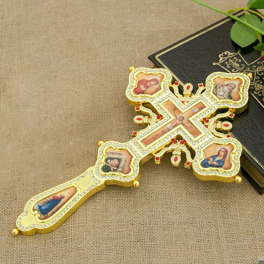 Russian Orthodox Hand Blessing Cross – Byzantine Altar Cross with Icons | Gold & Silver Christian Church Cross | Large 12.2” Religious Gift