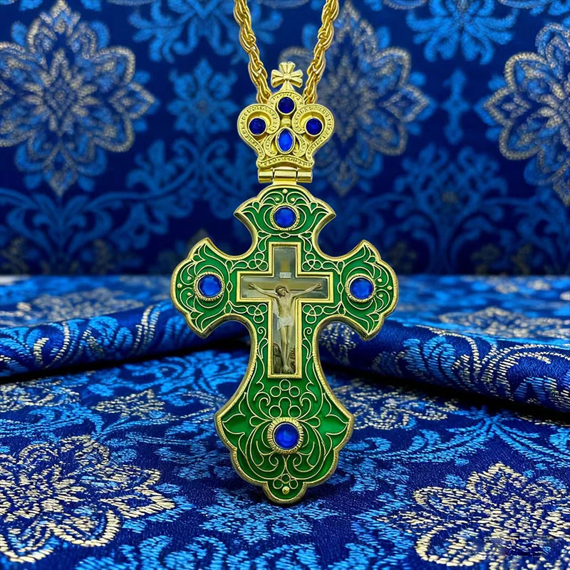 Luxury Orthodox Cross Necklace with Red Crystal & Gold-Plated Enamel Crucifix – Priest Pectoral Cross for Catholic & Orthodox Church
